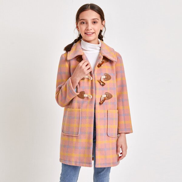 

Girls Patch Pocket Plaid Duffle Coat, Pink