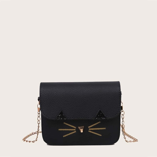 

Girls Cartoon Design Flap Chain Bag, Black