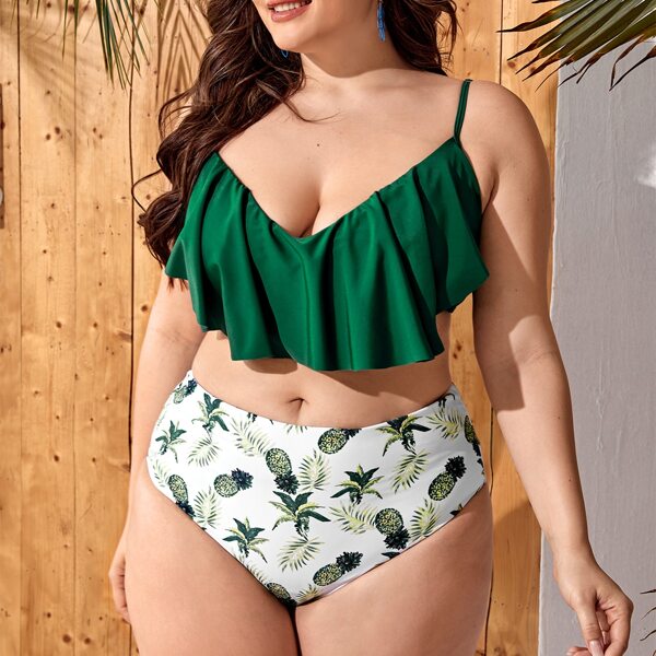 

Plus Pineapple Print Ruffle Bikini Swimsuit, Multicolor