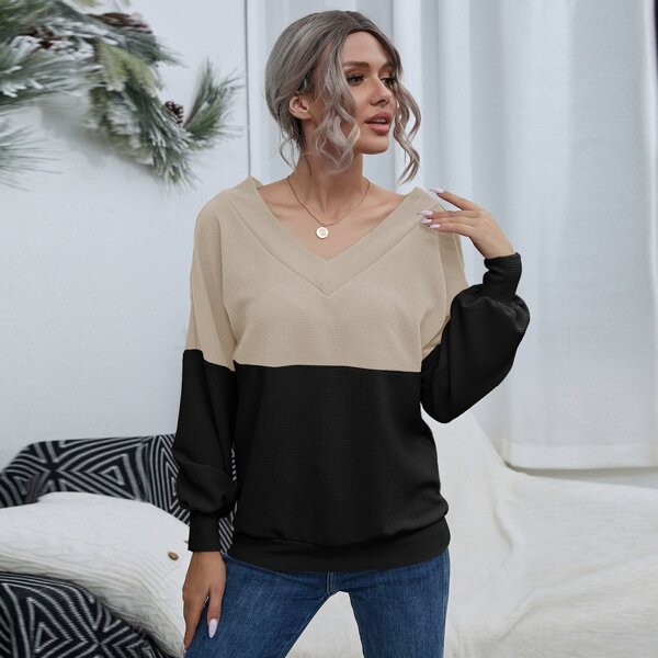 

Double V Neck Two Tone Pullover, Multicolor