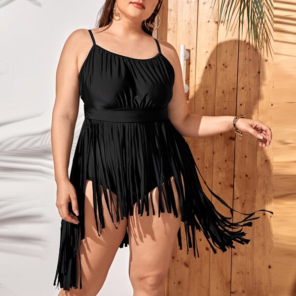 

Plus Fringe Hem One Piece Swimsuit, Black