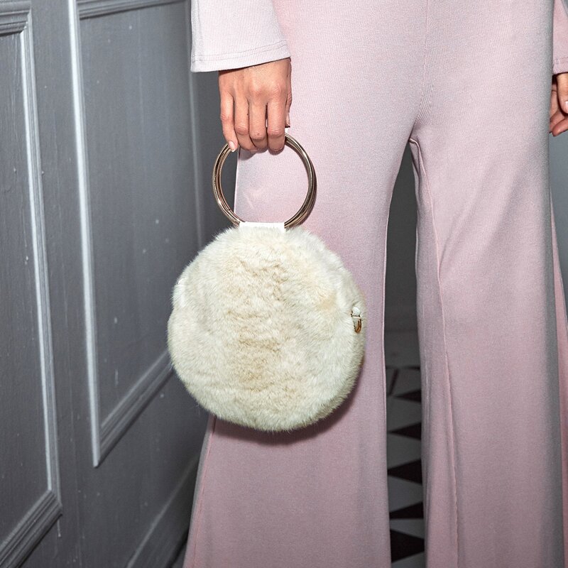 

Minimalist Fluffy Satchel Bag With Ring Handle, Beige