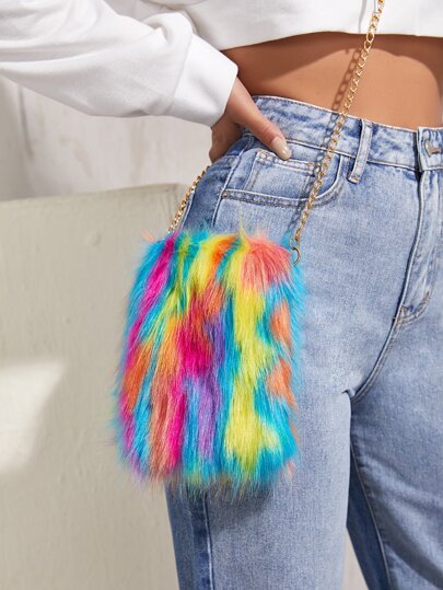 SHEIN ICON 女士毛絨多彩度假風手拿包