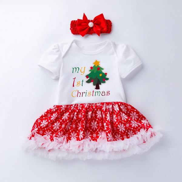 

Baby Girl Christmas Slogan Graphic Combo Bodysuit Dress With Headband, Red and white