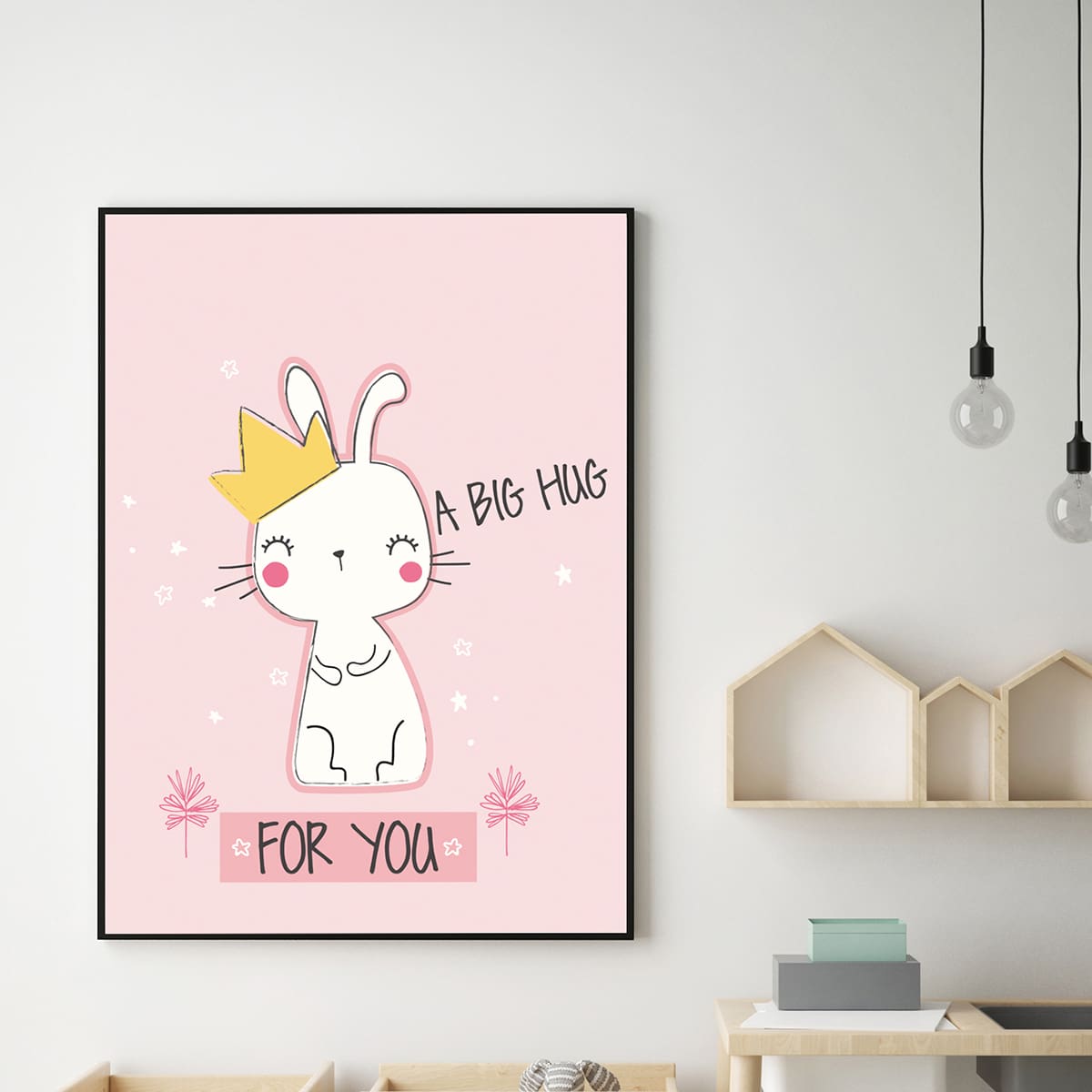 

Kids Cartoon Rabbit Print Wall Painting Without Frame, Pink
