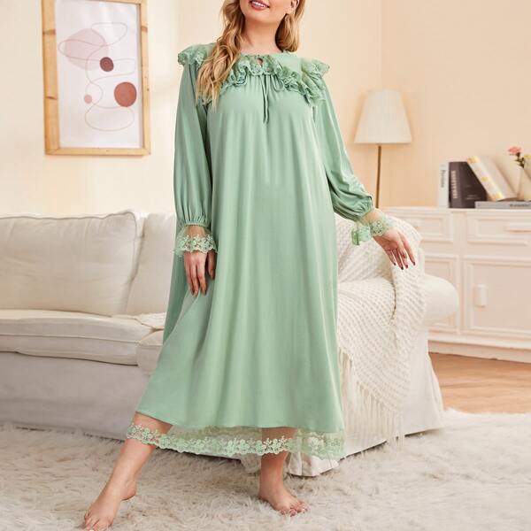

Plus Tie Neck Embroidery Mesh Trim Nightdress, Mint green