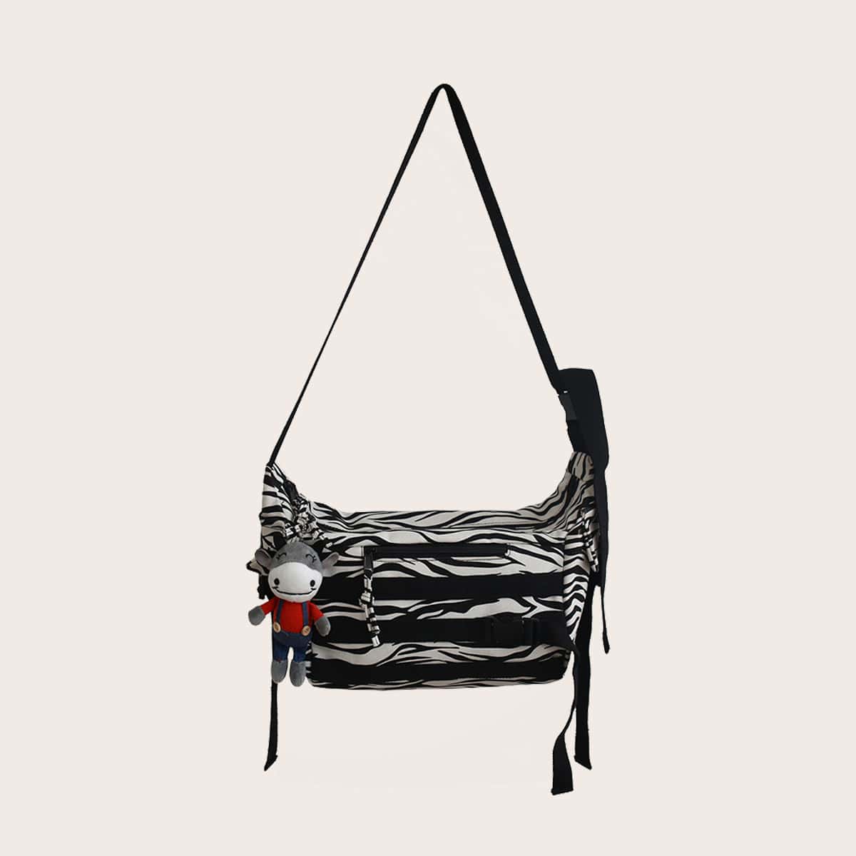 

Guys Cartoon Charm Zebra Pattern Crossbody Bag, Black and white