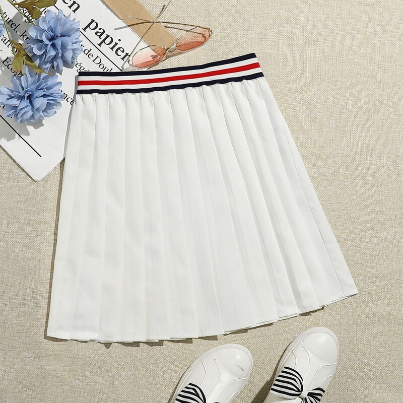 

Striped Hem Pleated Skirt, White