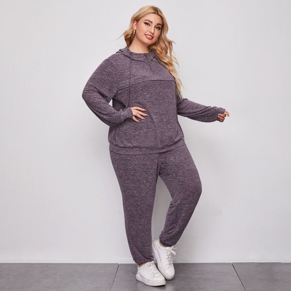 

Plus Zip Half Placket Hoodie & Pants Set, Purple