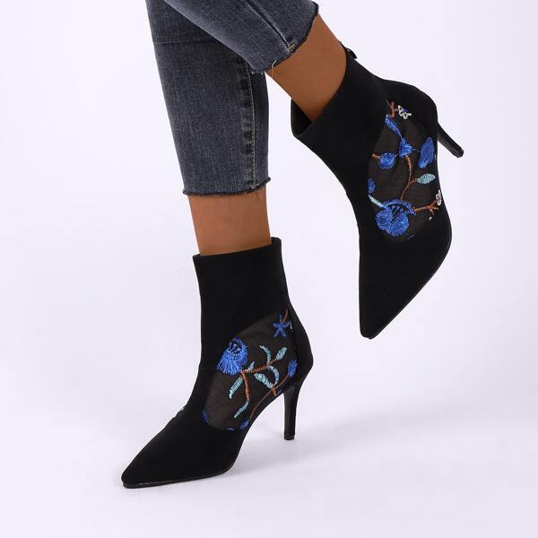 

Flower Embroidered Stiletto Ankle Boots, Black