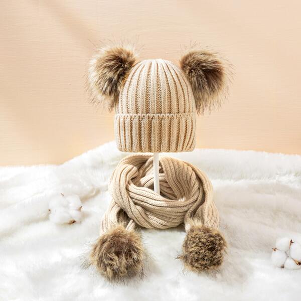 

Toddler Kids Pom Pom Beanie & Scarf, Khaki