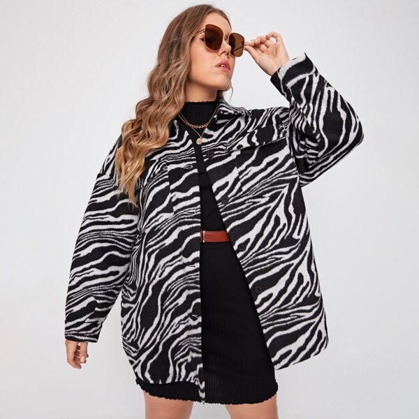 

Plus Collared Flap Pocket Front Zebra Striped Coat, Black and white