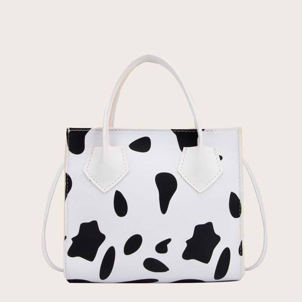

Cow Pattern Satchel Bag, Black and white