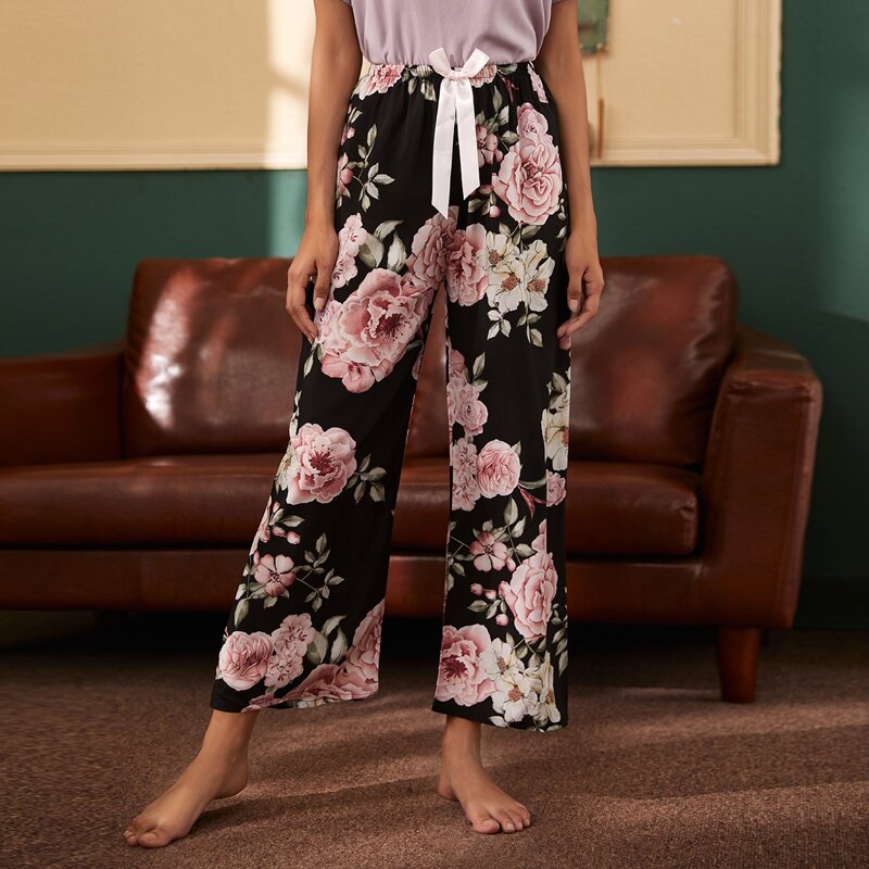 

Flower Print Bow Front Sleep Pants, Multicolor
