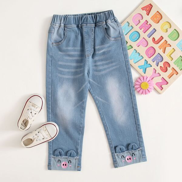 

Toddler Girls Cartoon Embroidered Raw Wash Mom Jeans, Medium wash