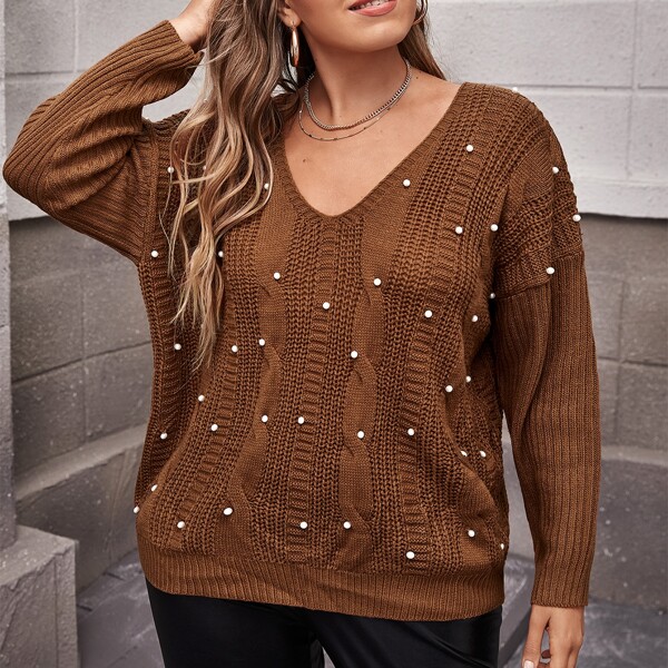 

Plus Drop Shoulder Pearls Beaded Sweater, Coffee brown