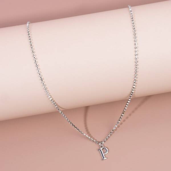 

Rhinestone Decor Letter Charm Necklace, Silver