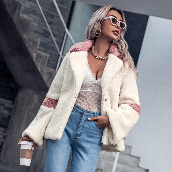 

Color Block Lapel Collar Teddy Coat, White
