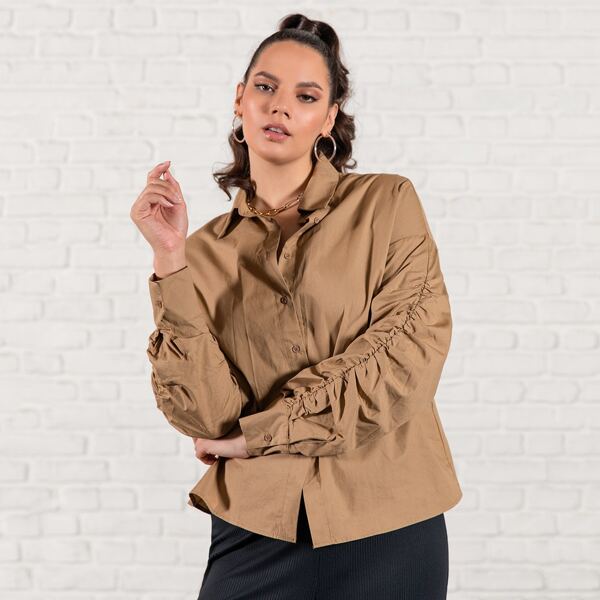 

Plus Drop Shoulder Ruched Sleeve Solid Blouse, Camel