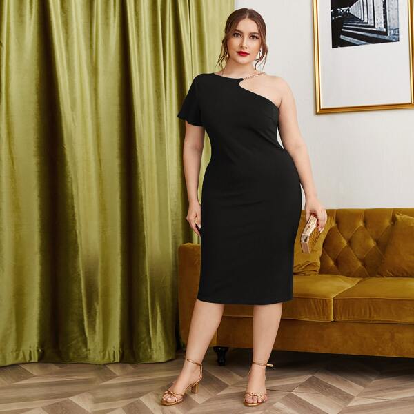 

Plus Asymmetrical Neck Chain Detail Fitted Dress, Black