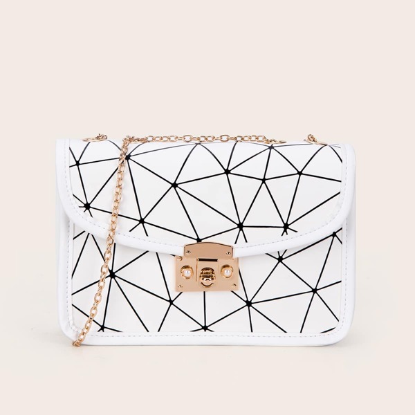 

Metal Lock Geometric Chain Shoulder Bag, White