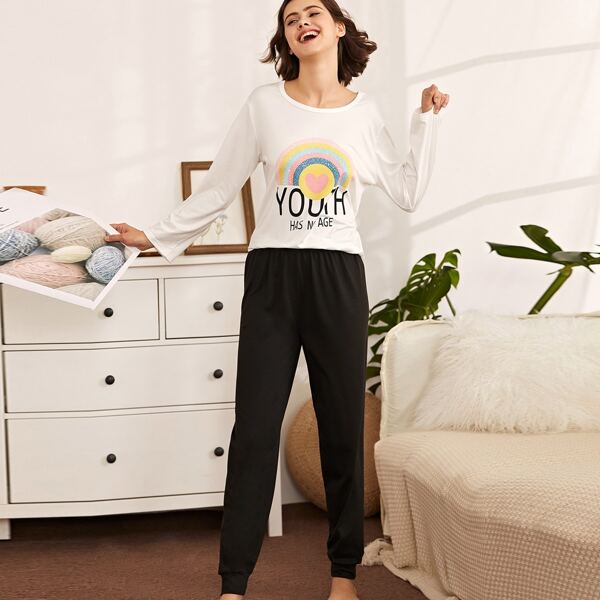 

Cartoon Rainbow And Slogan Graphic PJ Set, Black and white