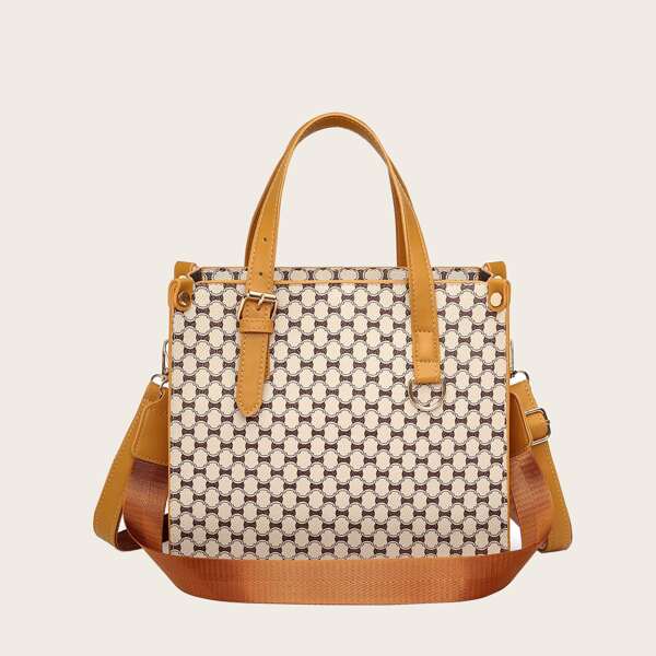 

Geometric Graphic Satchel Bag, Khaki