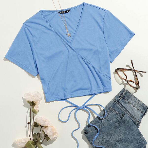 

Plus Solid Surplice Front Top, Blue