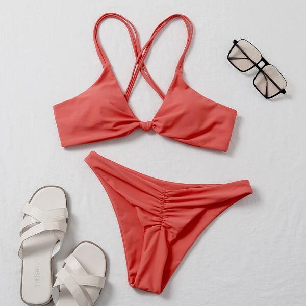 

Knot Detail Ruched Bikini Swimsuit, Burnt orange