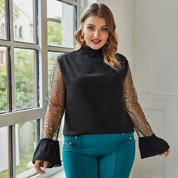 

Plus Contrast Embroidered Mesh Sleeve Blouse, Black