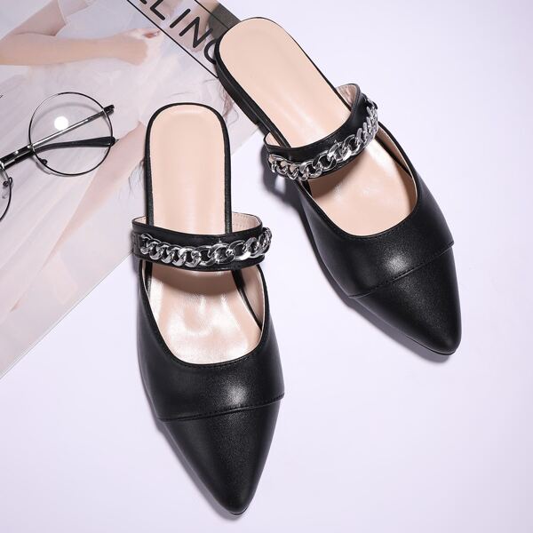 

Point Toe Chain Decor Flat Mules, Black