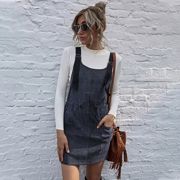 

Corduroy Dual Pockets Drawstring Waist Overall Dress, Navy blue