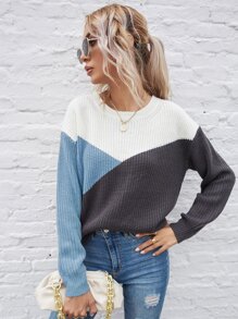 SHEIN LUNE Color Block Drop Shoulder Sweater - Multicolor - View 5