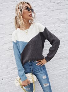 SHEIN LUNE Color Block Drop Shoulder Sweater - Multicolor - View 6