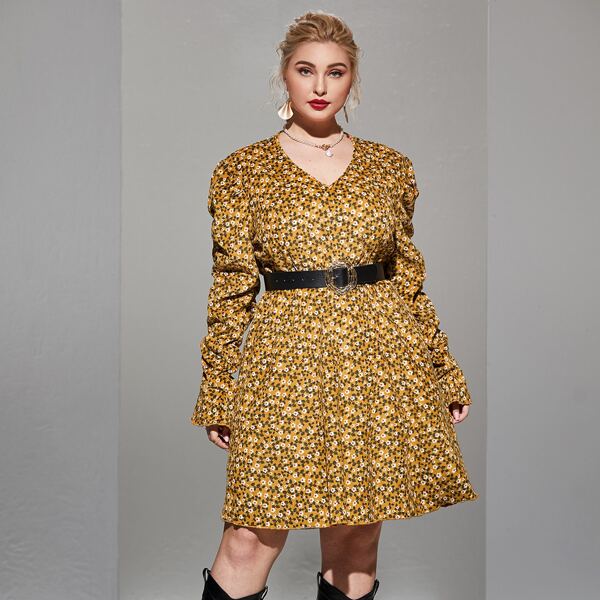 

Plus Ditsy Floral Print Puff Sleeve Dress Without Belt, Mustard yellow