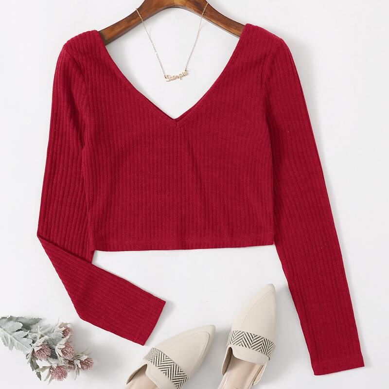 

Solid Rib-knit Crop Tee, Burgundy