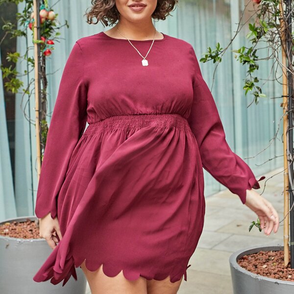 

Plus Shirred Waist Scallop Trim Dress, Red violet