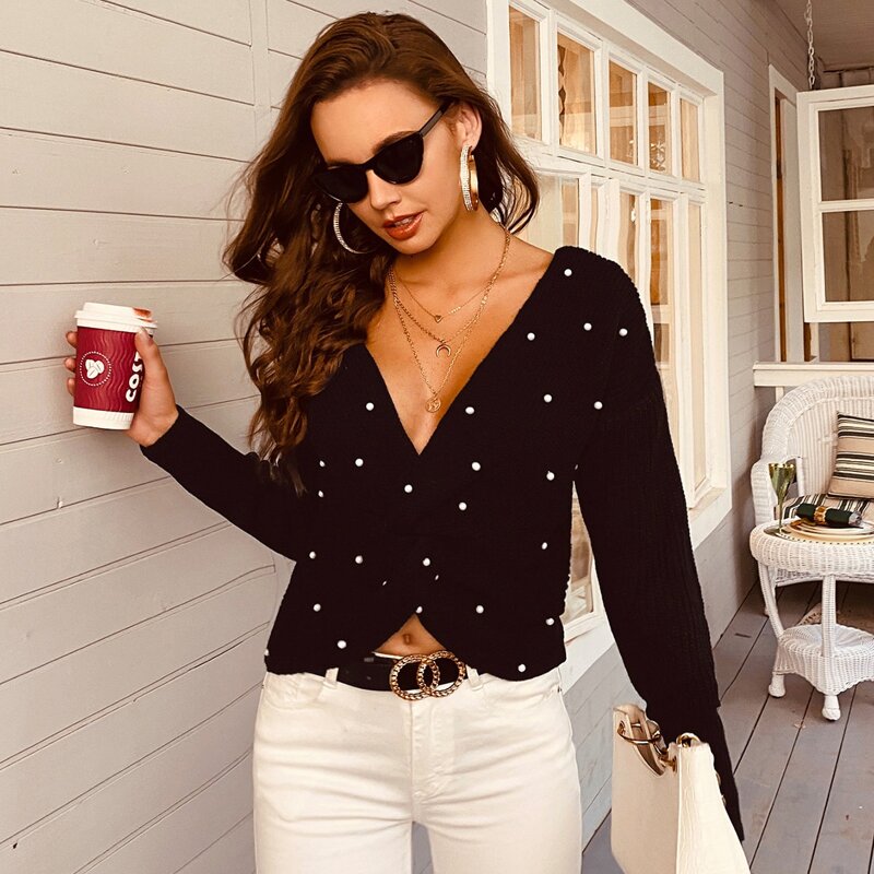

Drop Shoulder Twist Front Pearls Beaded Sweater, Black