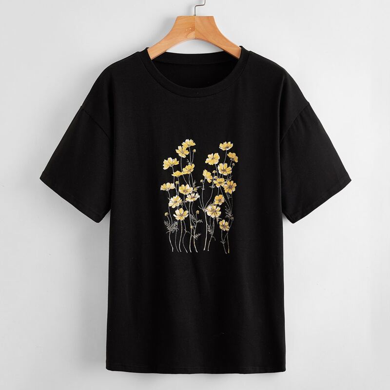 

Flower Graphic Drop Shoulder Tee, Black