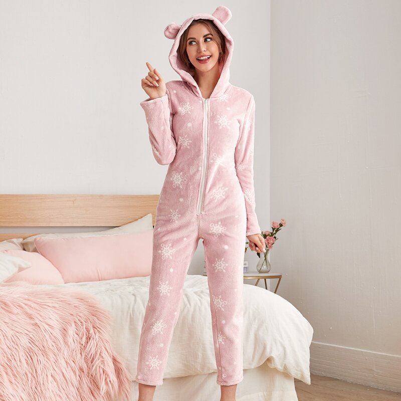 

3D Ear Design Snow Flakes Pattern Flannel Romper, Baby pink