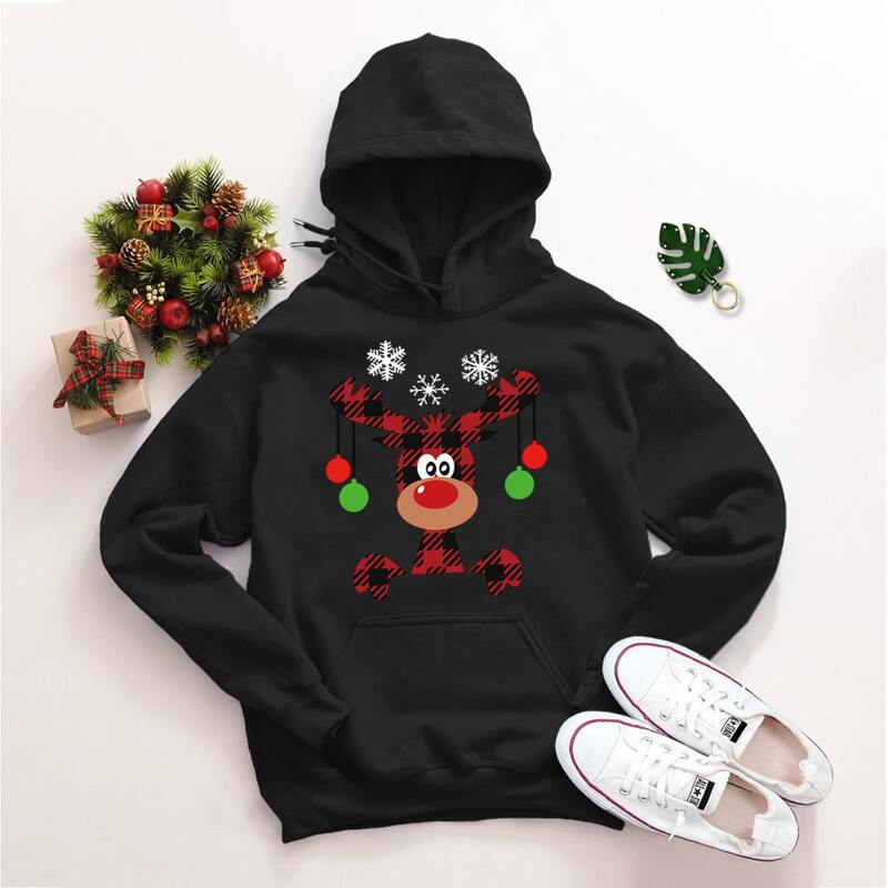 

Christmas Print Fleece Lined Drawstring Hoodie, Black