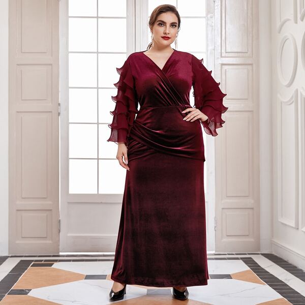 

Plus Velvet Layer Sleeve Wrap A-line Dress, Maroon