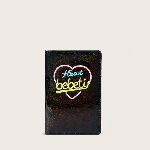 

Holographic Heart & Letter Embroidery Purse, Black