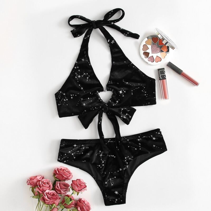 

Star Print Heart Ring Decor Lingerie Set, Black