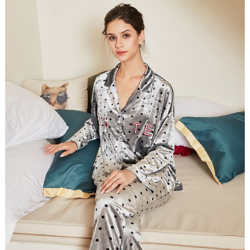 

Letter Embroidery Polka Dot Velvet PJ Set, Grey