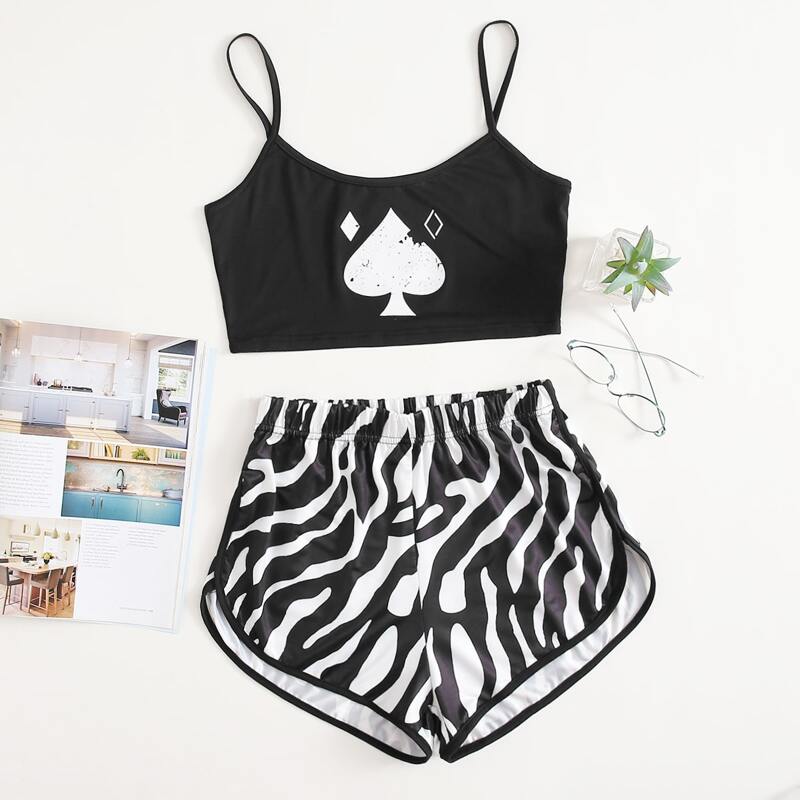 

Heart And Zebra Stripe Cami Pajama Set, Black and white