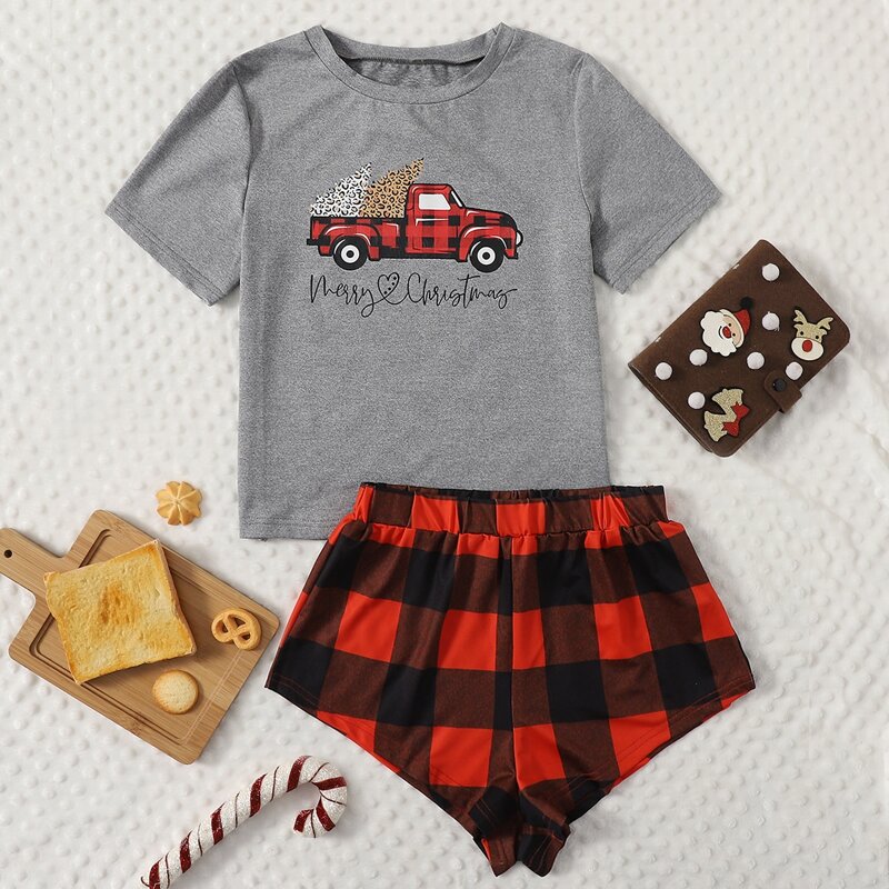 

Christmas And Buffalo Plaid Print Pajama Set, Multicolor