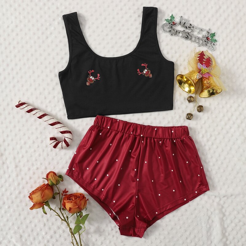 

Christmas Deer And Polka Dot Print Pajama Set, Multicolor