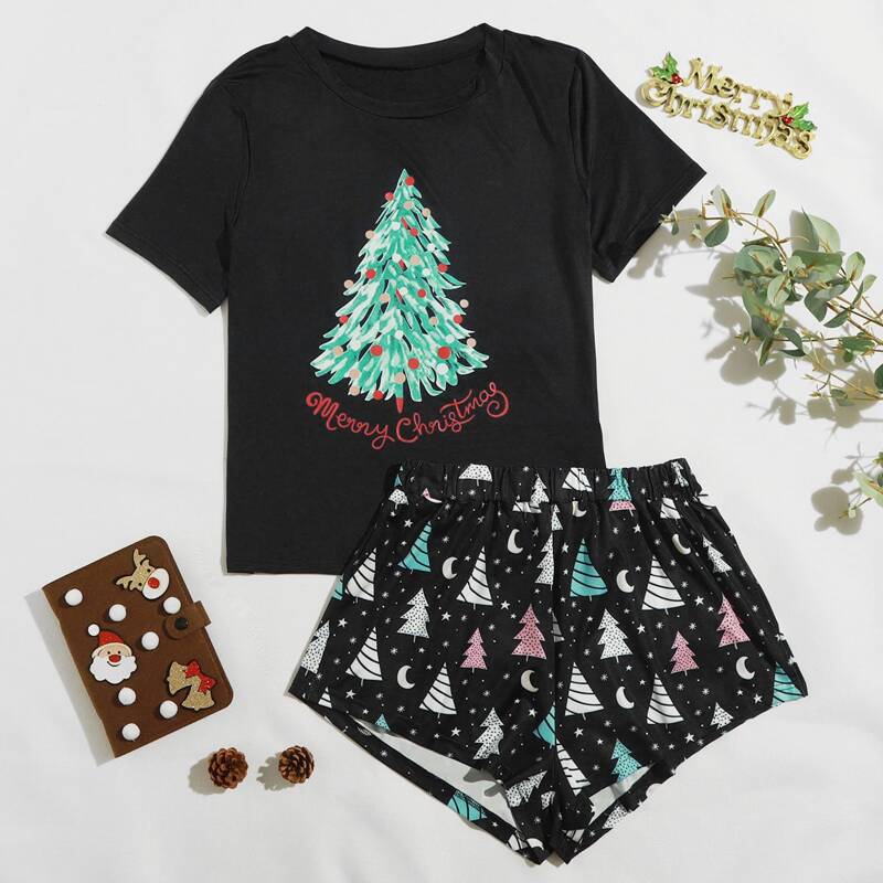 

Christmas Slogan And Cartoon Graphic PJ Set, Black