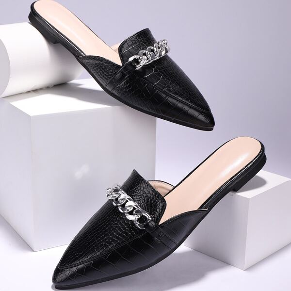 

Chain Decor Croc Embossed Loafer Mules, Black